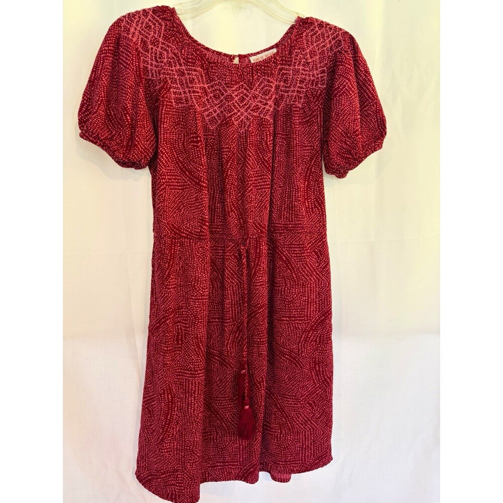 Knox Rose Burgundy Geometric Round Neck Smocked Puff Sleeve A-Line Dress XS